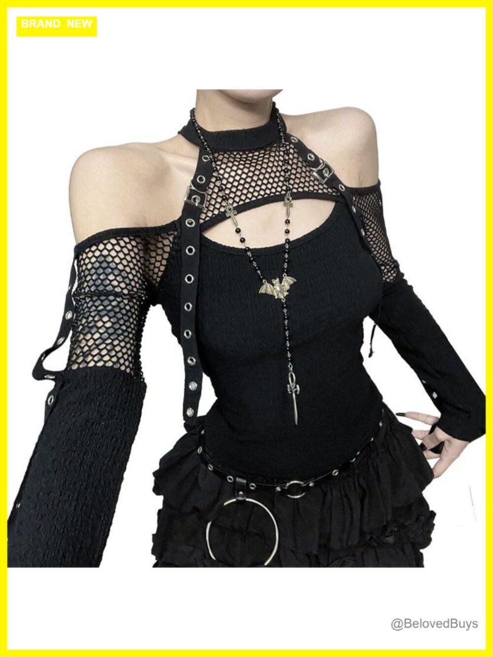 Gothic Mesh Halter Crop Top Long Sleeve Y2K Punk Grunge Emo Alt Shirt